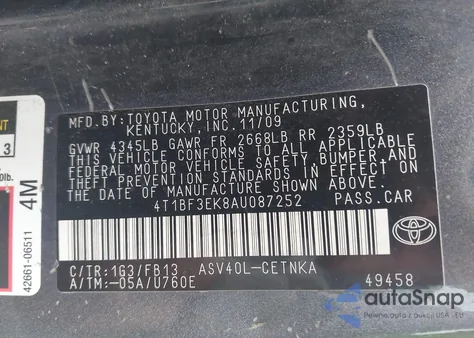 2010 Toyota Camry Le z USA, uszkodzony, nr VIN 4T1BF3EK8AU087252